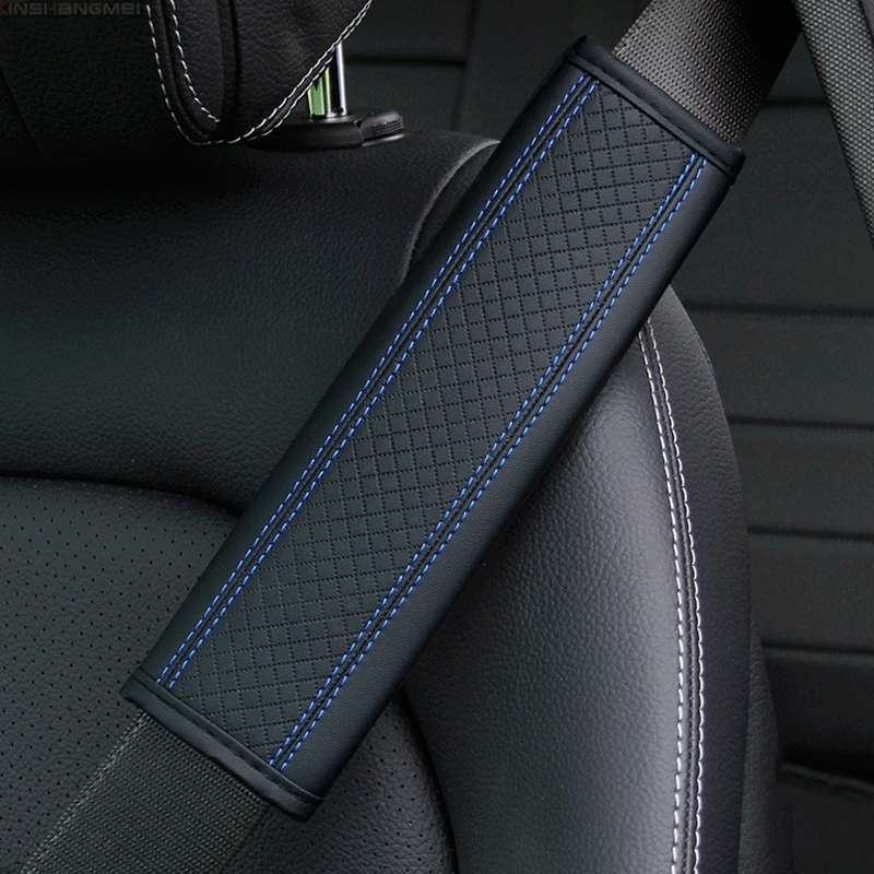 Fiber Leather Embossed Car Seat Belt Shoulder Cover Protector 6.5X23cm(Black Blue)
