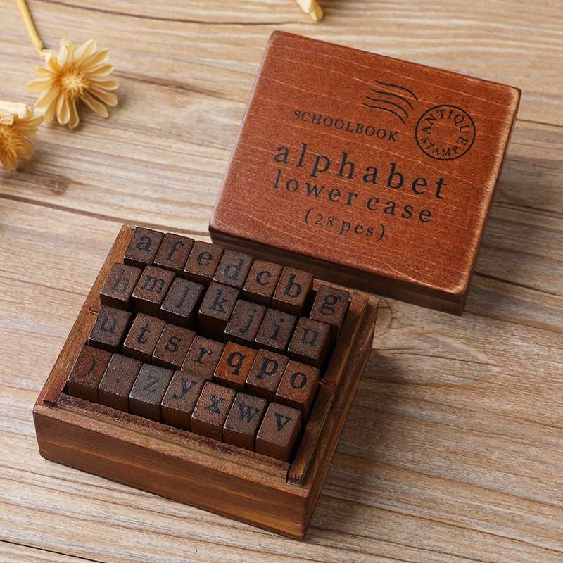 E13 28PCS/Set Vintage Wooden Alphabet and Number Diary Handbook DIY Stamps(Regular Capital)