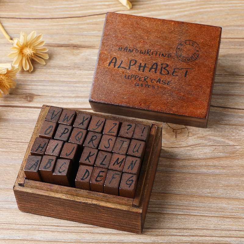 E13 28PCS/Set Vintage Wooden Alphabet and Number Diary Handbook DIY Stamps(Regular Capital)