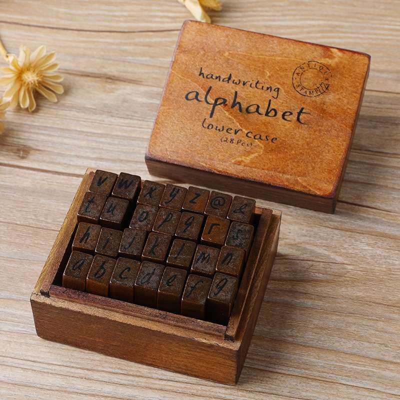 E13 28PCS/Set Vintage Wooden Alphabet and Number Diary Handbook DIY Stamps(Regular Capital)