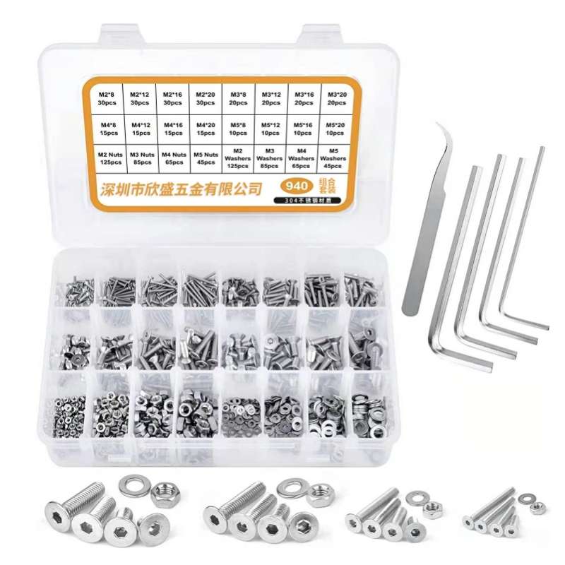 940 PCS/Set M2/M3/M4/M5 Flat Head Hexagon Socket Screws Gasket Ring Set