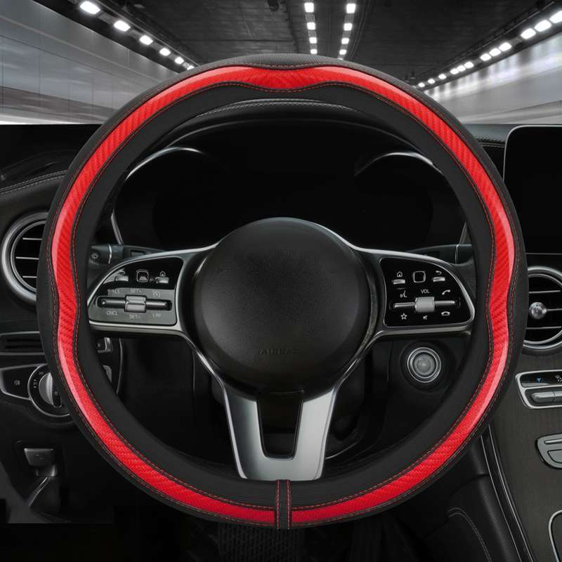 Car Steering Wheel Carbon Fiber Breathable Wear-resistant Leather Case, Size: 38cm(Red Round)
