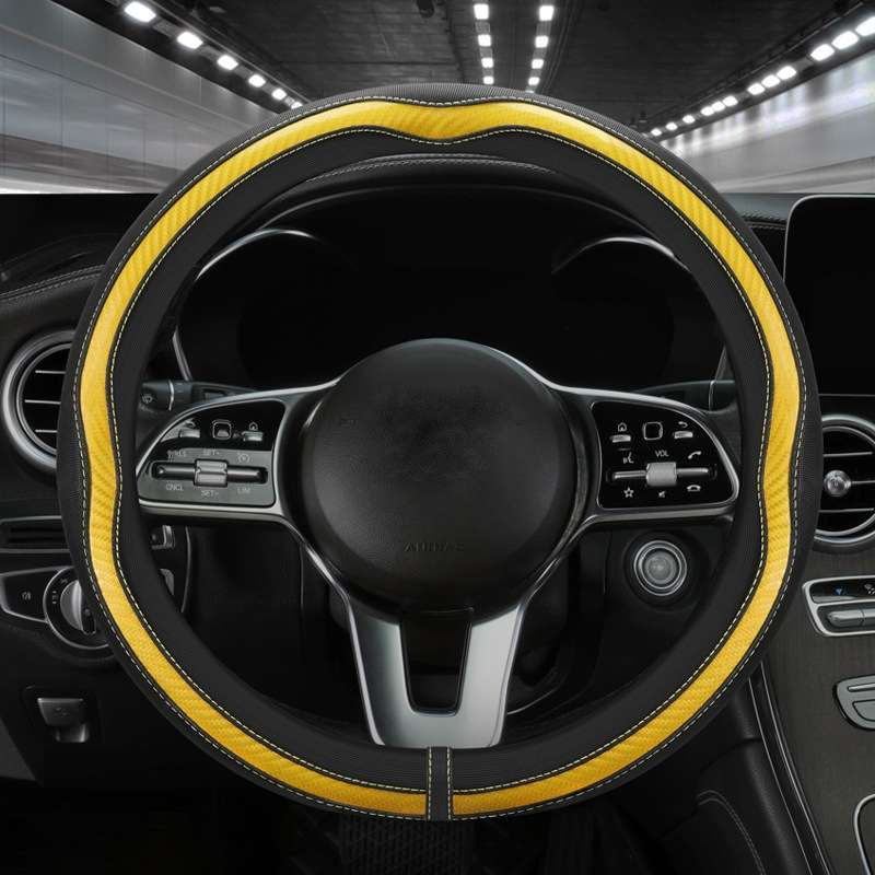 Car Steering Wheel Carbon Fiber Breathable Wear-resistant Leather Case, Size: 38cm(Yellow Round)