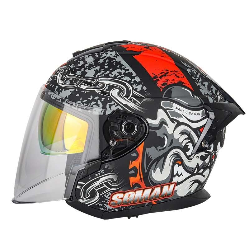 SOMAN Motorcycle Electric Bicycle Dual Lens Riding Helmet, Size: XXL(Matte Black Red)