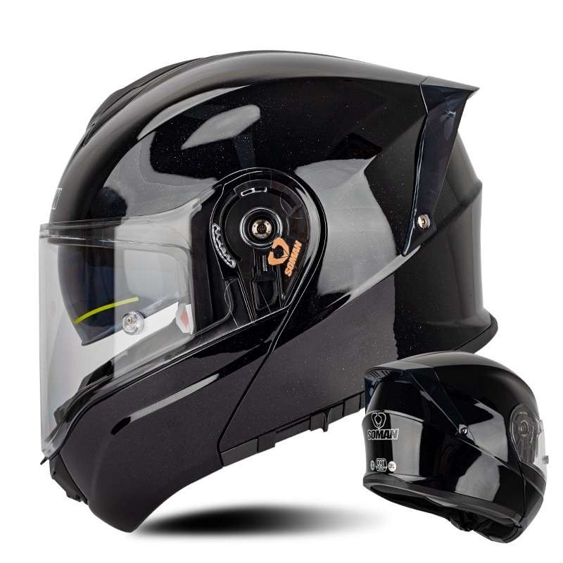 SOMAN Racing Motorcycle Double Lens Riding Safety Helmet, Size: M(Bright Black)