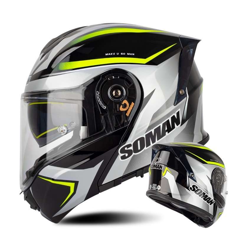 SOMAN Racing Motorcycle Double Lens Riding Safety Helmet, Size: L(Silver Gray Yellow Vision)