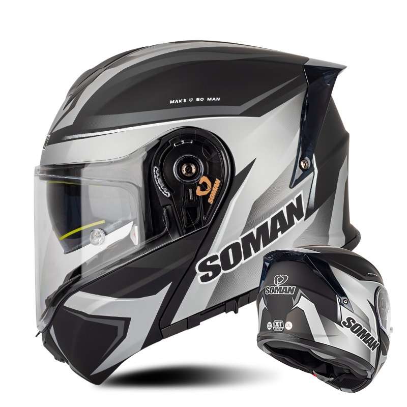 SOMAN Racing Motorcycle Double Lens Riding Safety Helmet, Size: L(Silver Gray Black Vision)