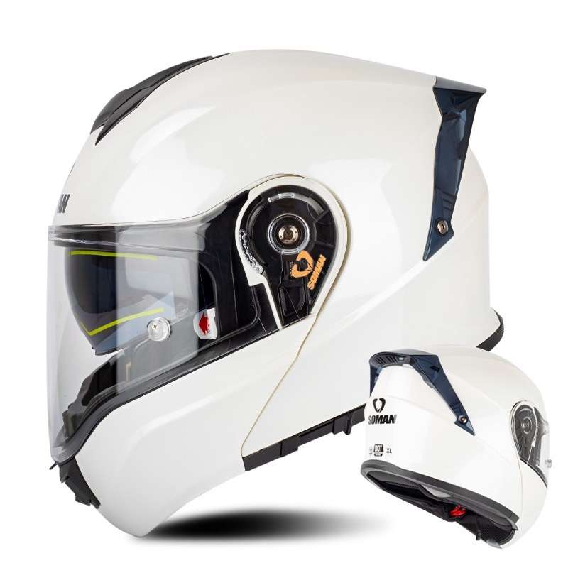 SOMAN Racing Motorcycle Double Lens Riding Safety Helmet, Size: XL(Pearl White)