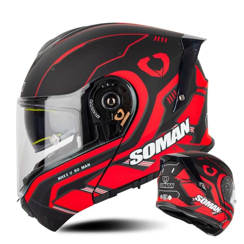 SOMAN Racing Motorcycle Double Lens Riding Safety Helmet, Size: XXL(Prince Charle Red)
