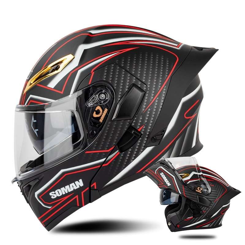 SOMAN Motorcycle Dual Lens Riding Peel-Off Full Coverage Helmet, Size: S(Matt Black Red)