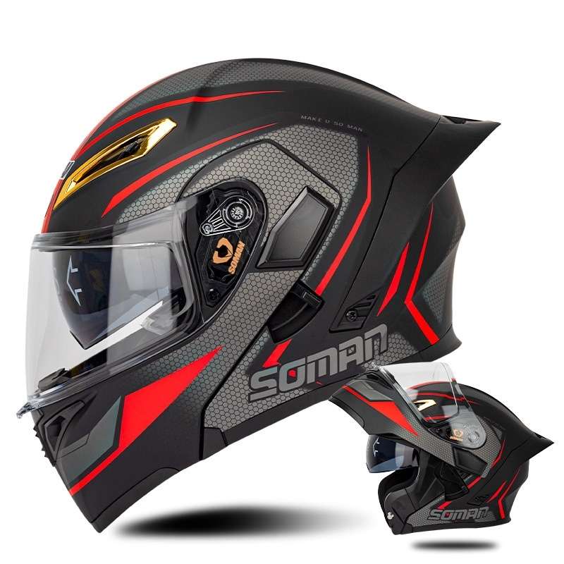 SOMAN Motorcycle Dual Lens Riding Peel-Off Full Coverage Helmet, Size: S(Black Red Track)