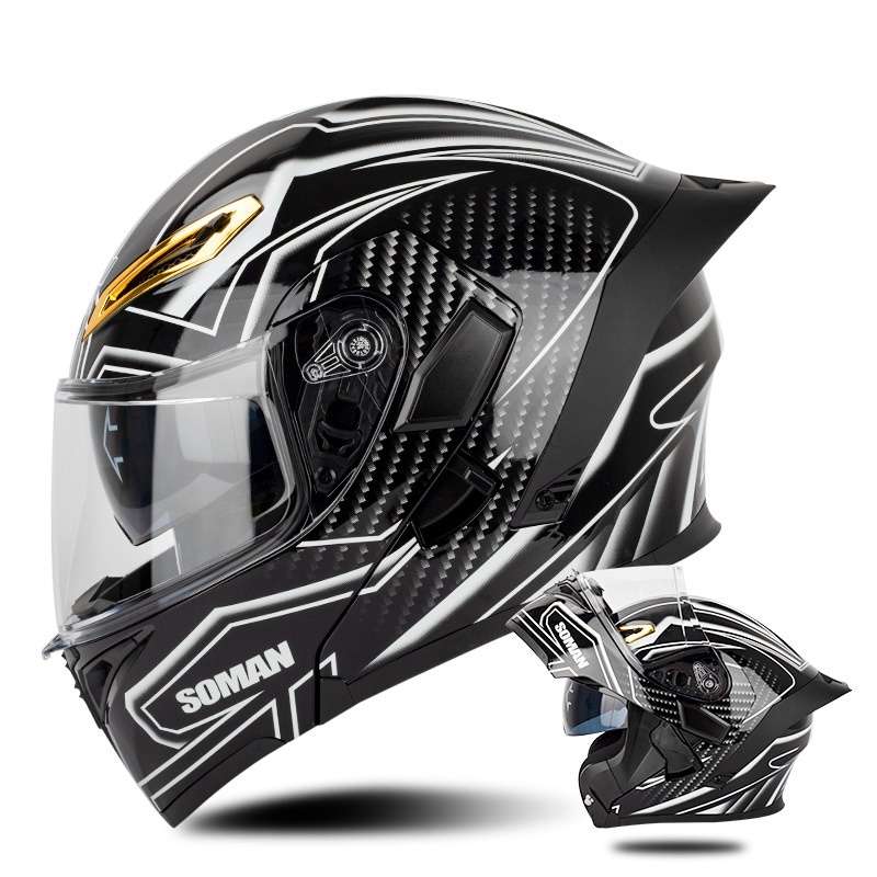 SOMAN Motorcycle Dual Lens Riding Peel-Off Full Coverage Helmet, Size: L(Bright Black White)