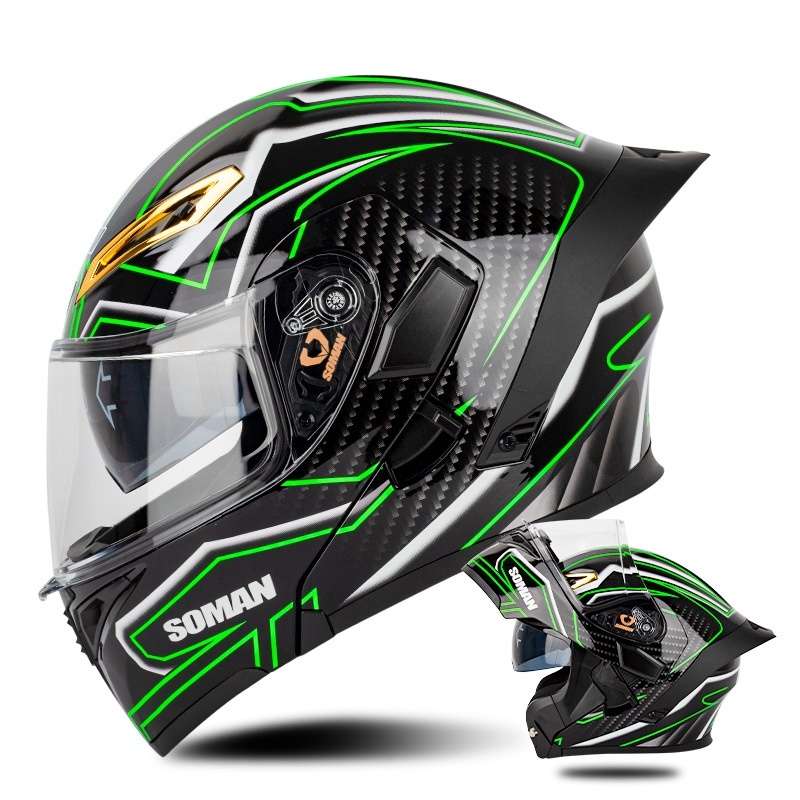 SOMAN Motorcycle Dual Lens Riding Peel-Off Full Coverage Helmet, Size: L(Bright Black Green)