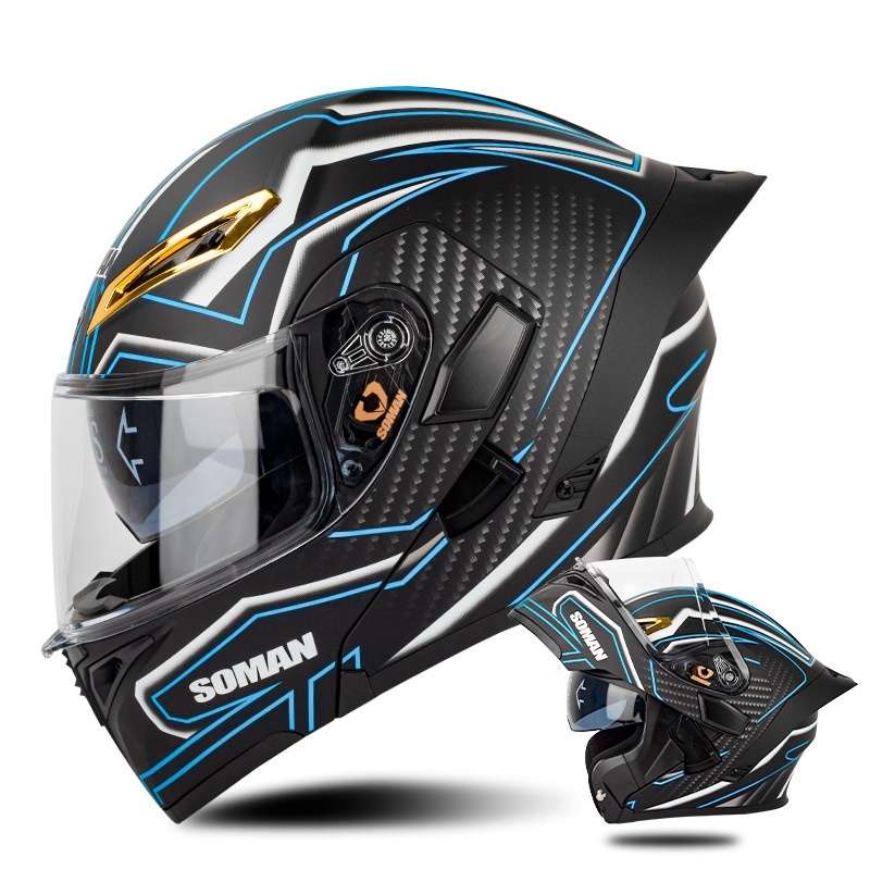 SOMAN Motorcycle Dual Lens Riding Peel-Off Full Coverage Helmet, Size: XL(Matt Black Blue)