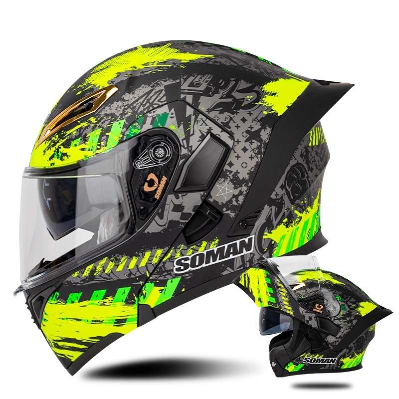 SOMAN Motorcycle Dual Lens Riding Peel-Off Full Coverage Helmet, Size: XL(Black Fluorescent Yellow S