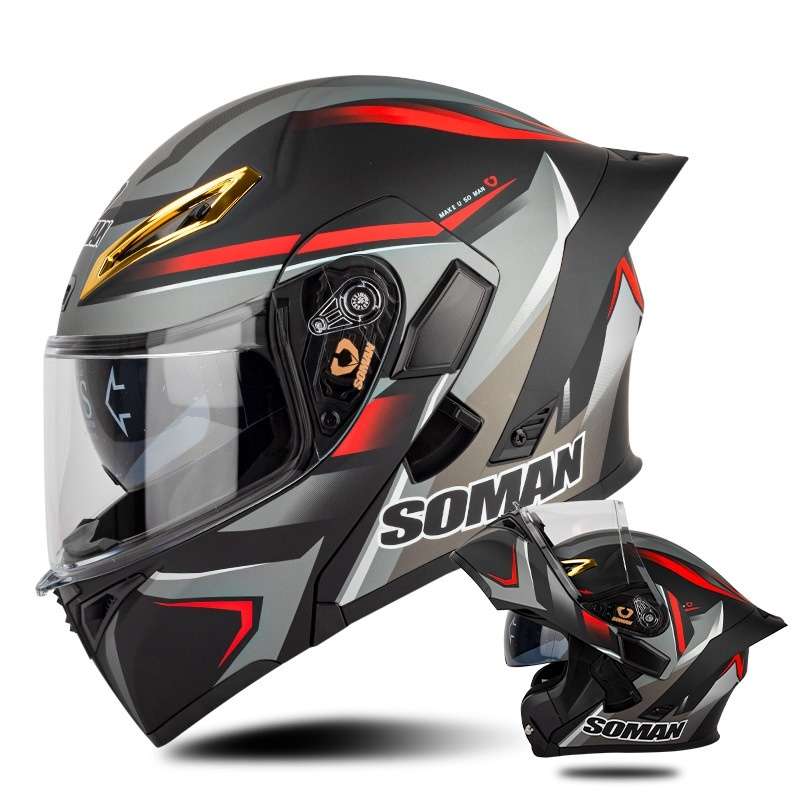 SOMAN Motorcycle Dual Lens Riding Peel-Off Full Coverage Helmet, Size: XXL(Red Gray Vision)