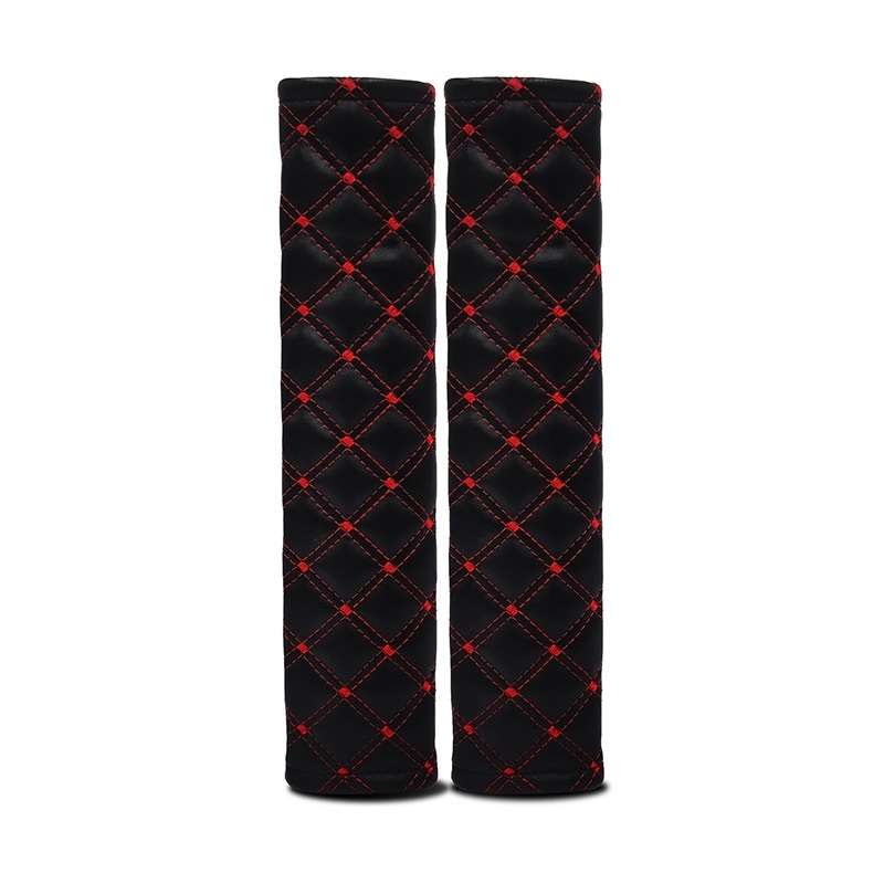Rhombus Leather Seat Belt Shoulder Protector Pads, Color: Black Leather Red Line