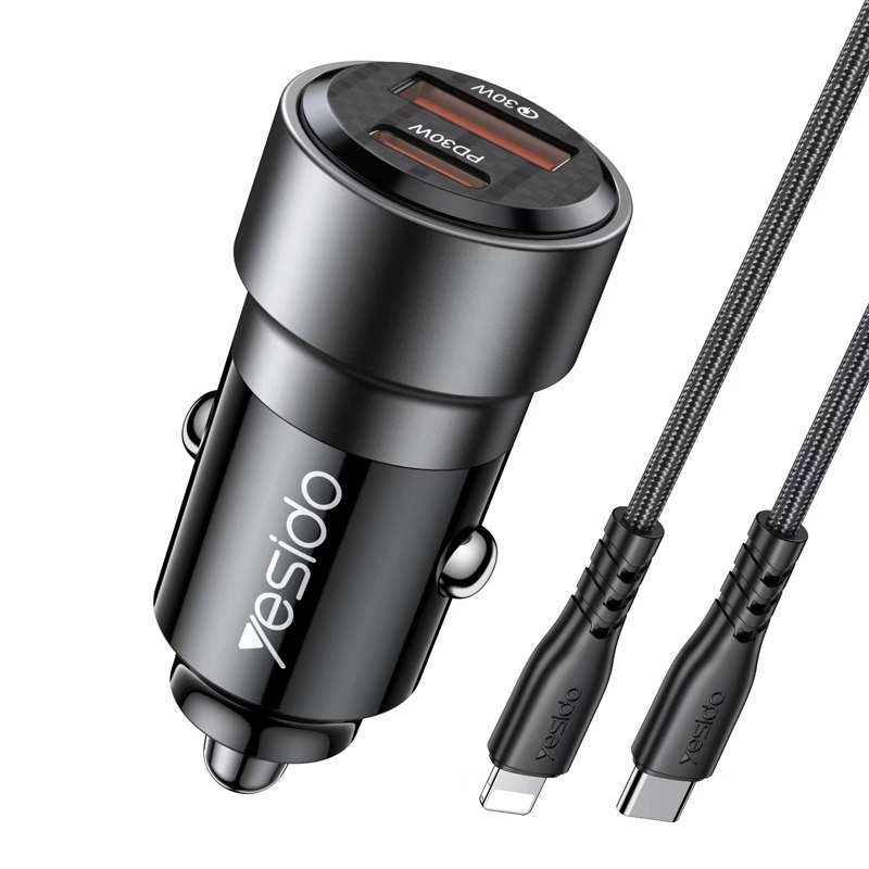 Yesido Y54 With 8 Pin To Type-C/USB-C Line Car Charger QC3.0+PD30W Type-C/USB-C+USB Dual Port Quick