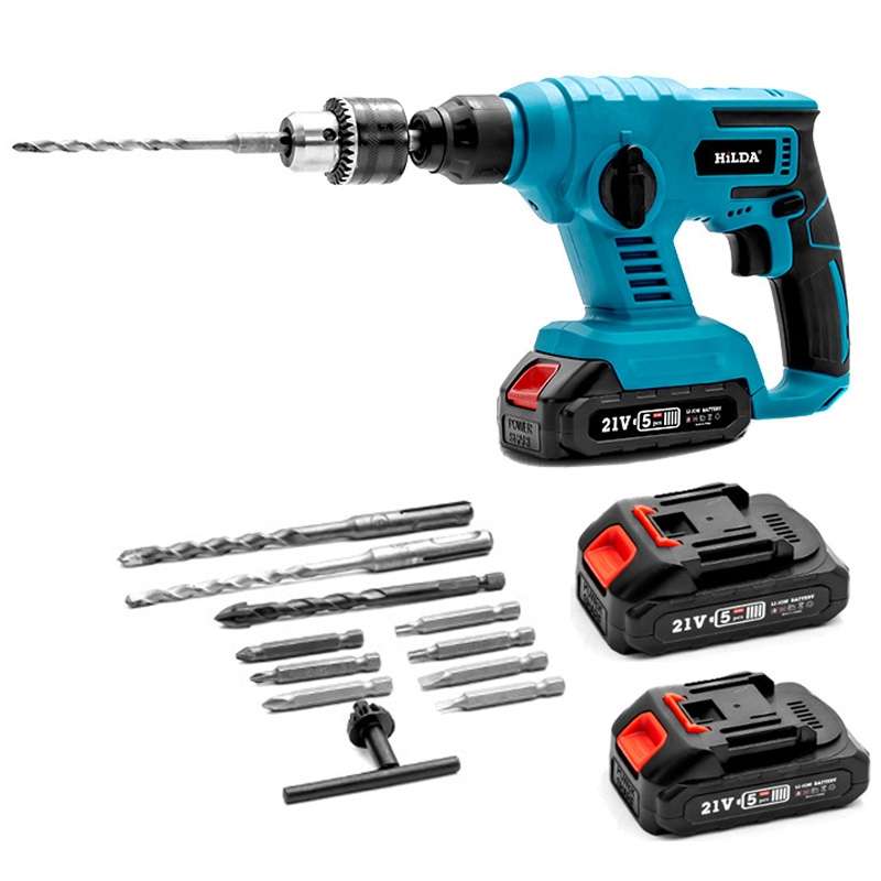 HILDA 12pcs /Set Li-Ion Power Hammer Electrical Impact Drill, Model: 2 Battery+1 Charger EU Plug