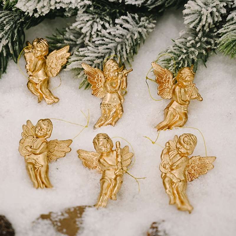 6pcs /Pack Christmas Angel Pendant Decoration Electroplated Semi-Dimensional Hanging Ornament(Silver