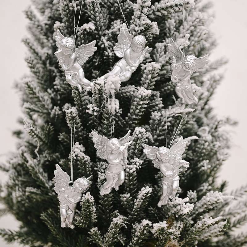 6pcs /Pack Christmas Angel Pendant Decoration Electroplated Semi-Dimensional Hanging Ornament(Silver