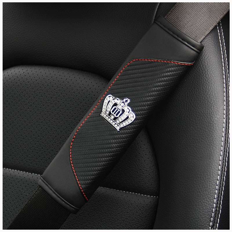 Car Seat Belt Cover Carbon Fiber Leather Auto Seat Shoulder Protection, Style: Crown Black