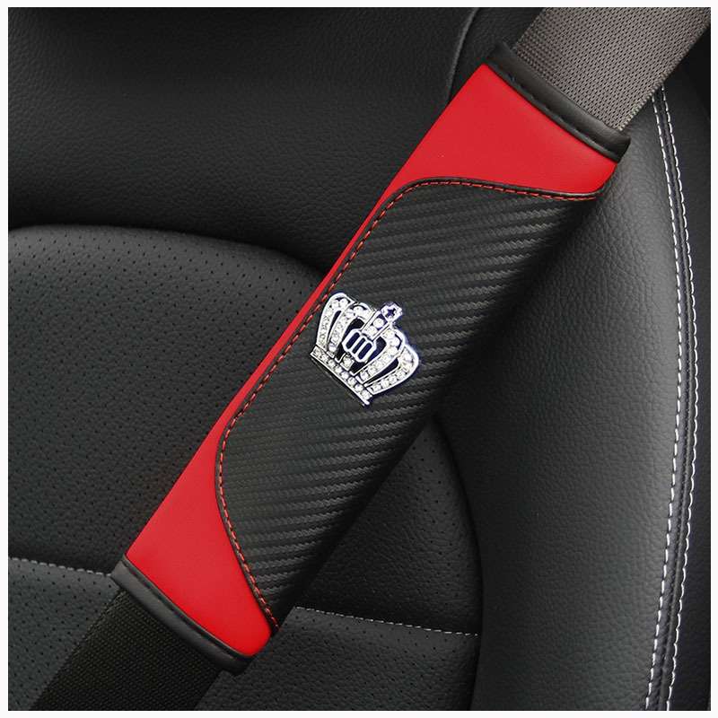 Car Seat Belt Cover Carbon Fiber Leather Auto Seat Shoulder Protection, Style: Crown Red
