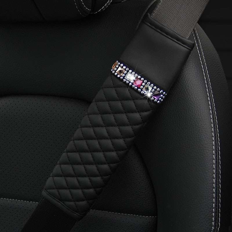 Car Leather Seat Belt Cover Shoulder Pads with Bling Diamonds 6.5x23cm(Red)