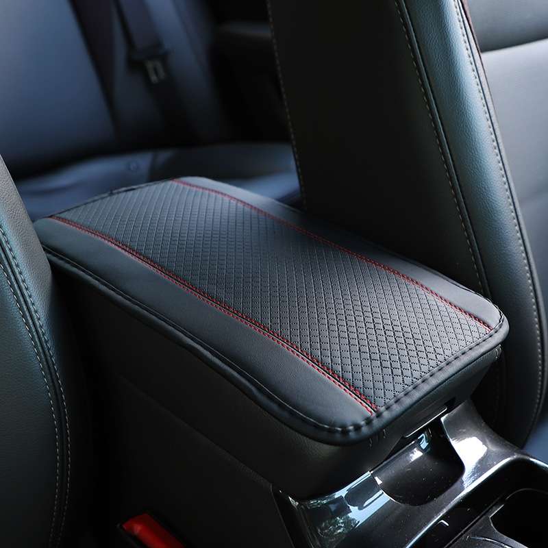Car Center Console Cover Mat Fiber Leather Embossed Double Line Armrest Cover 32x19cm(Black and Red)