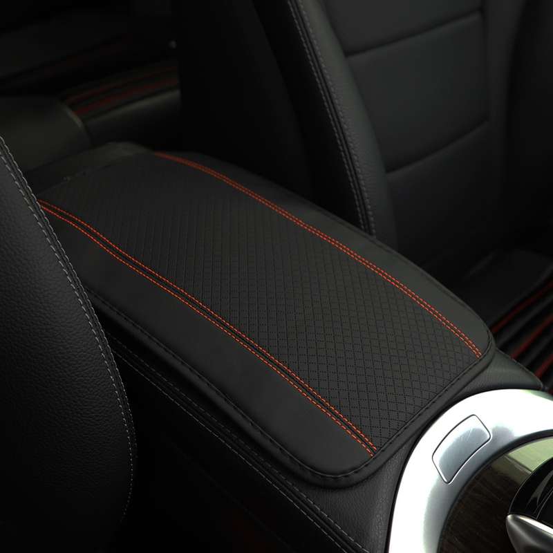 Car Center Console Cover Mat Fiber Leather Embossed Double Line Armrest Cover 32x19cm(Black Orange)