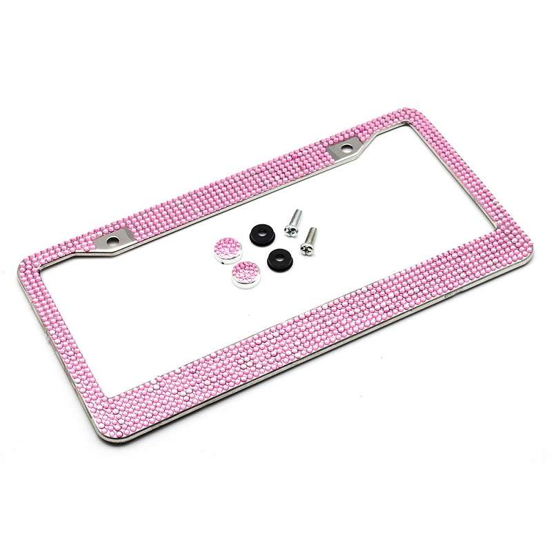 US Standard Stainless Steel License Plate Modified Frame With Diamonds, Color: Round Hole Pink Diamo