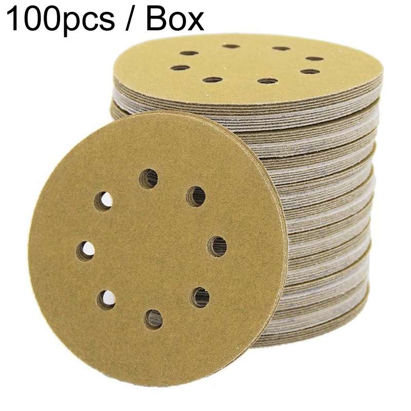 100pcs / Box 5 Inch 8 Holes Round Disc Sanding Sandpaper 125mm Yellow Sand Flocking Sheet, Grit: P22