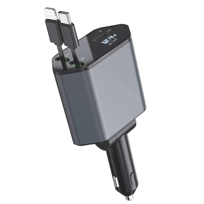 4-In-1 120W Multifunctional USB Retractable Dual-Line Digital Display Car Fast Charger(8 Pin + Type-