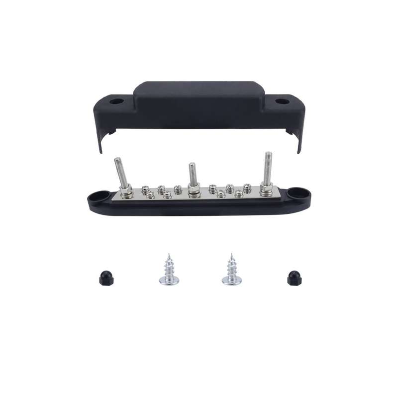 M6 3-post 10-way RV Yacht Short-circuit Proof Base DC Busbar, Color: Black
