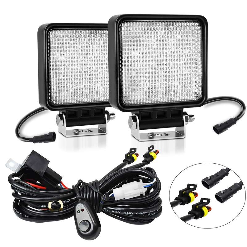 14W 9-30V 4 Inch Mixed Luminous Square Floodlight With Wire Set(X2)