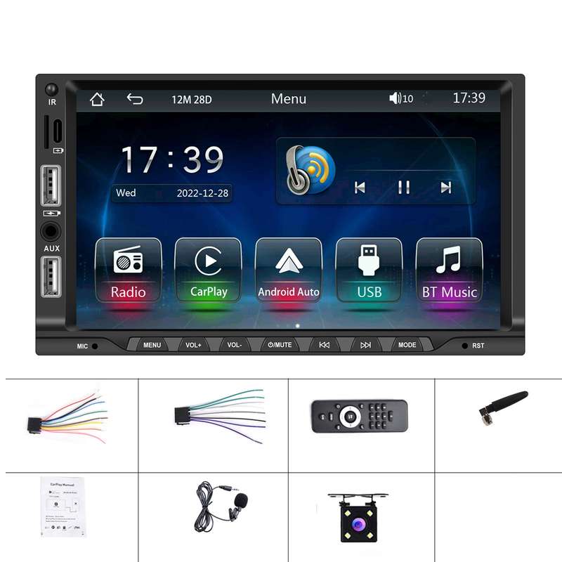 7-inch Double Din Car MP5 Player Support CarPlay/Android Auto/Mirror Link/Bluetooth With 4-light Cam