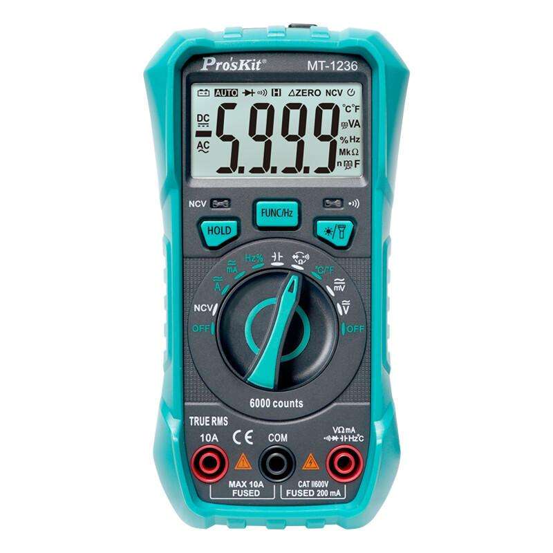 ProsKit MT-1236-C 3-5/6 True-RMS Digital Multimeter For ACA, ACV, DCA, DCV, Frequency, Cycle Duty, D