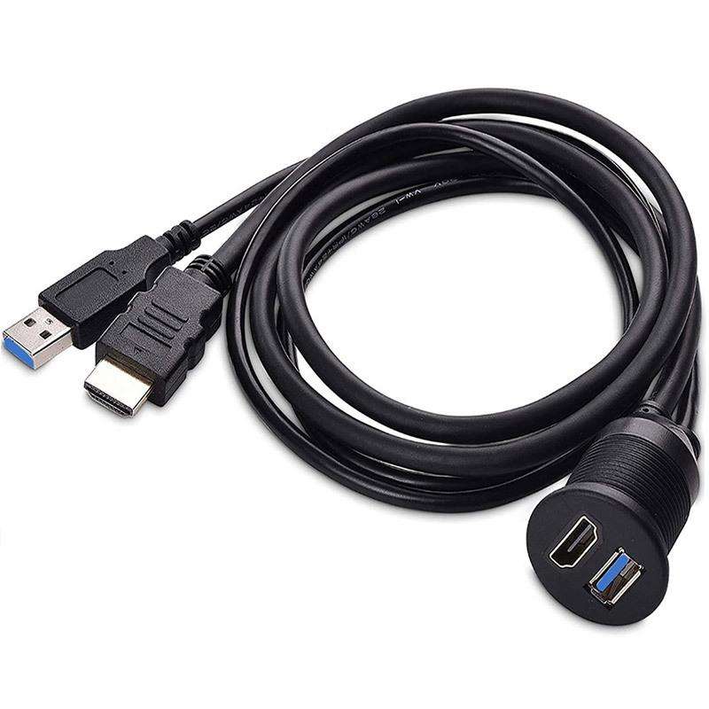 2m USB3.0+HDMI Car Waterproof Cable Motorcycle Boat Dashboard Extension Wire(Black)