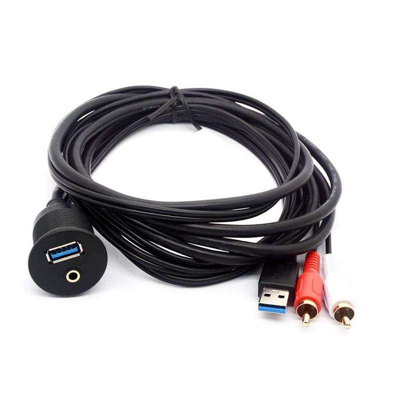 2m USB3.0+2RCA Car Waterproof Cable Motorcycle Panel Boat Instrumentation Wire