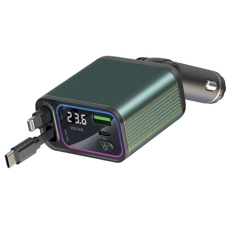 Dual Retractable Cable Auto Stowage Running Ambient Light Voltage Display Car Charger, Port: Type-C+