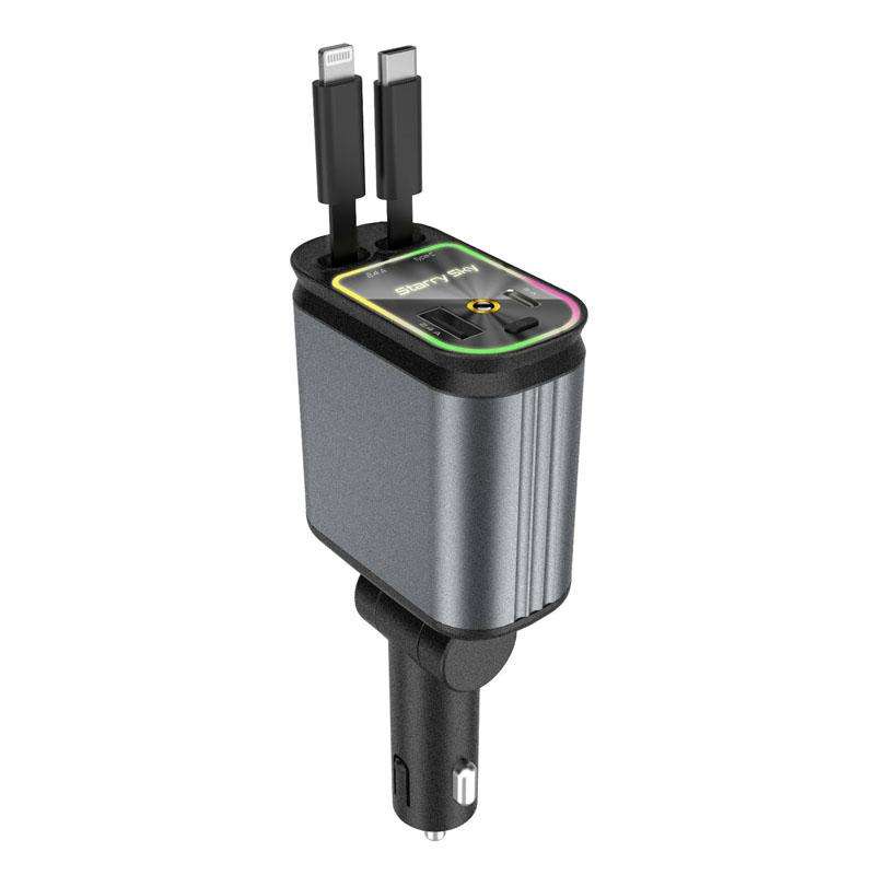 C3 Car Star Spotlight 4 In 1 Charger With Retractable Cable(Dark Gray)
