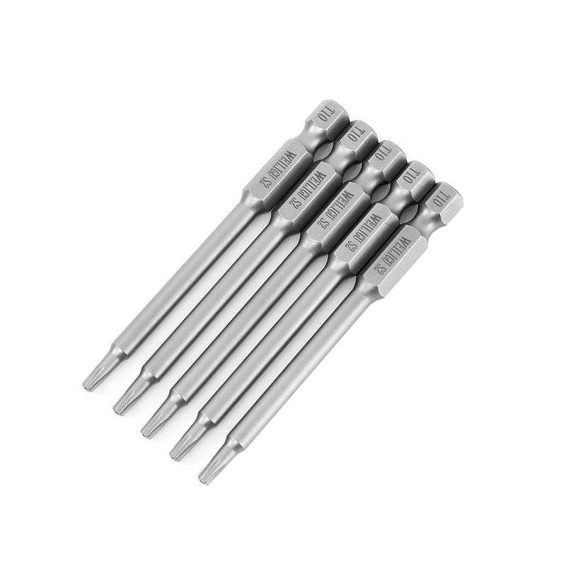 WEILIGU 5pcs 50mm T10 Magnetic S2 Pneumatic Air Bit Electric Drill Plum Blossom Head With Center Hol
