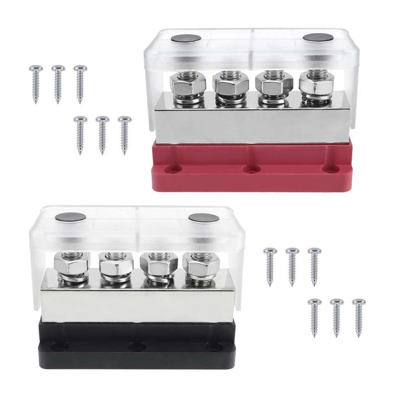 600A RV Yacht Copper Bolt 4 Stud Heavy Duty Busbar Terminal, Color: Red+Black
