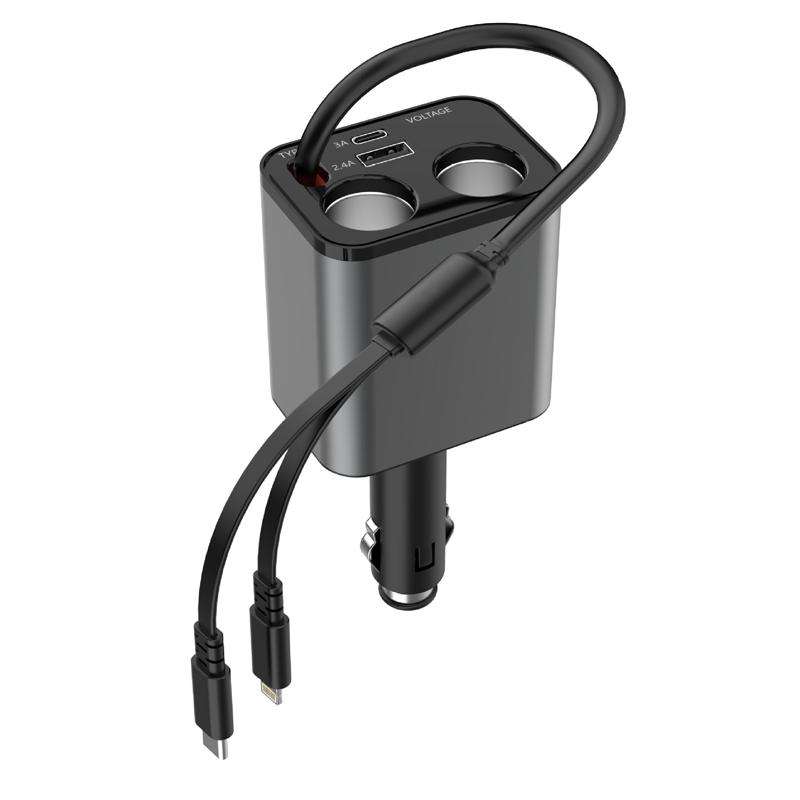 120W 1 To 2 Retractable USB Car Fast Charging Charger With Cigarette Lighter(8 Pin+TYPE-C)