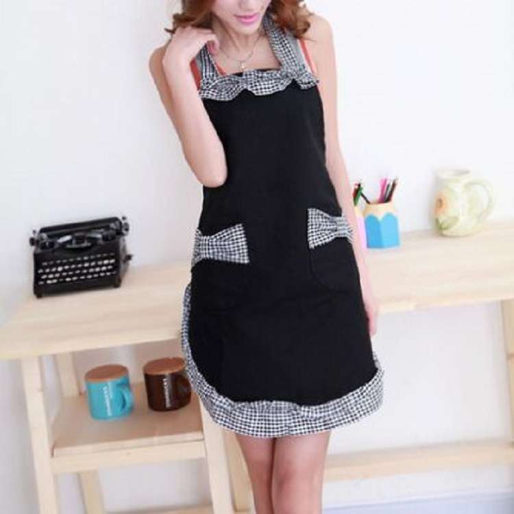 Sleeveless Bow Lace Apron with Pocket(Black White Grid on Red)