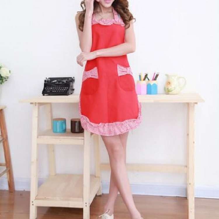 Sleeveless Bow Lace Apron with Pocket(Black White Grid on Red)