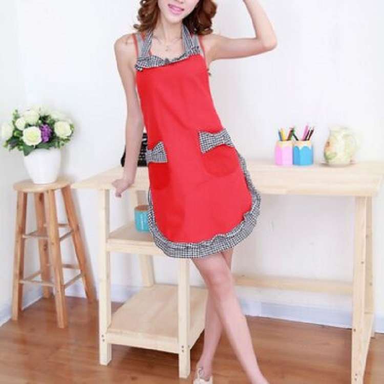 Sleeveless Bow Lace Apron with Pocket(Black White Grid on Red)