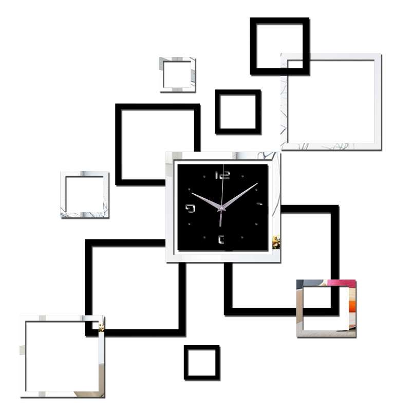 Living Room Wall Clock Creative Clock Acrylic DIY Mirror Wall Stickers Decorative Black Silver Squar