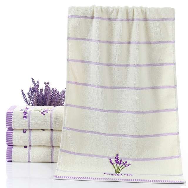 Pure Cotton Thicken Stripe Face Towels Lavender Pattern Absorbent Face Towels(Purple)