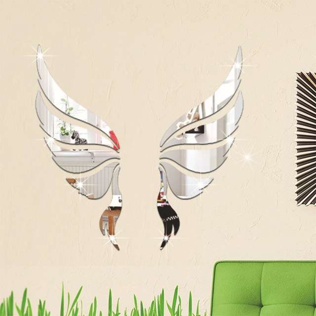Crystal Three Dimensional Decorative Wall Stickers Angel Wings Bedroom Decorative Mirror(Gold)